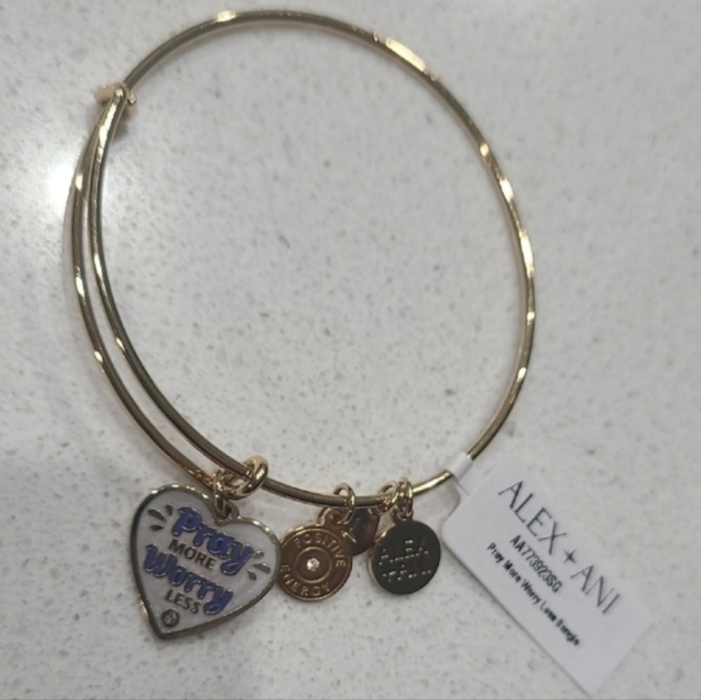 NWT Alex and Ani Pray More Worry Less Gold Bangle Bracelet
